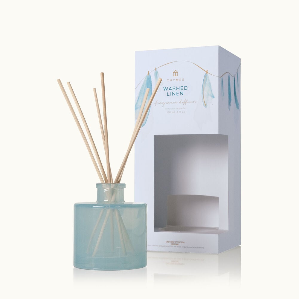 Thymes Washed Linen Petite Reed Diffuser with Rattan Reed and Blue Blown Glass image number 0